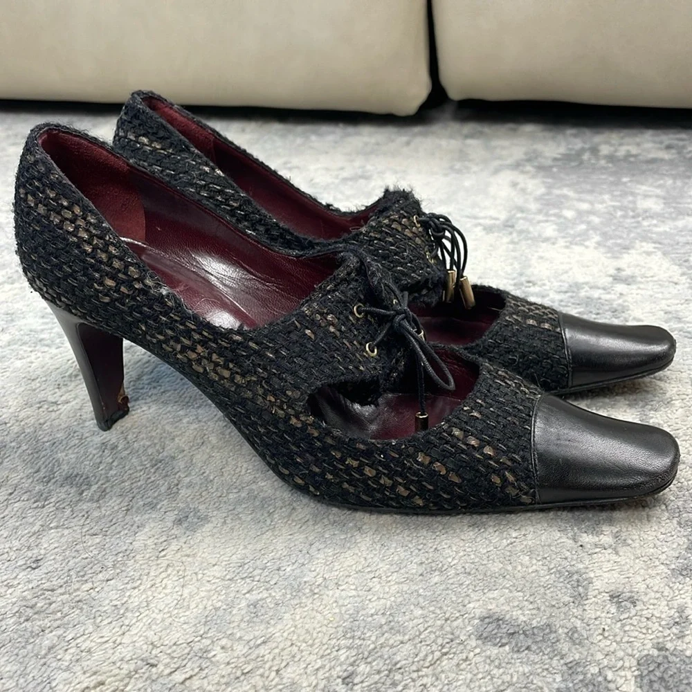 Vintage Chanel Tweed Squared Pointed Toe Lace Up Oxford Heels Sz 39.5